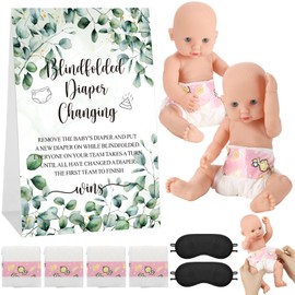 Lineshading 9 Pcs Baby Shower Diaper Changing Game Supplies Including Baby Dolls Blindfold Diapers Wooden Sign Changing Race Game Party Favor(Leaves,Green)