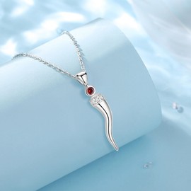 Italian Horn Necklace for Women - 925 Sterling Silver Italian Horn Charm Cornicello Necklace With Red Cubic Zirconia, Good Luck Amulet Necklace - 18'' + 2'' Extender Chain Included, one size, Sterling