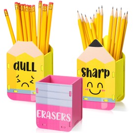 DoubleFill 3 Pcs Sharp and Dull Pencil Holder Eraser Buckets Wooden Shaped Dispenser for Back to School Teachers Classroom Management(Face Pattern)