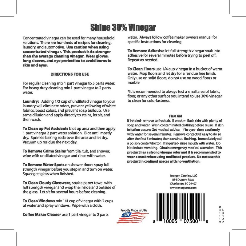 30% Concentrated Vinegar Gallon - Makes 6 Gallons of Finished