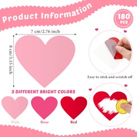 180 Pcs Valentine's Day Heart Scratch Off Stickers Labels 3 Inch Heart Shaped Scratch Off Stickers Colored Scratch Stickers Self Adhesive Peel and Stick DIY Games Party Gift Scratch Off Cards