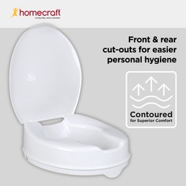 Homecraft Savanah Raised Toilet Seat with Lid, 4" Elevated Seat for Seniors, Universal Fit for Most Standard Toilets, Portable & Tool-Free, Seat Riser, Ergonomic Design, White