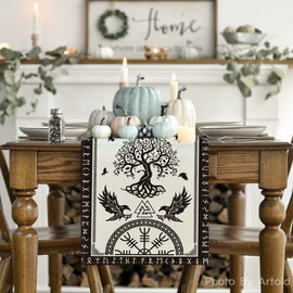 Artoid Mode White Viking Tree of Life Raven Helmet of Awe Table Runner, Seasonal Table Decoration, Indoor, Holiday, Party Decor, 40 x 140 cm