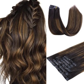 HOTBANANA Seamless Clip in Hair Extensions, 20 Inch 140g 7pcs Dark Brown to Chestnut Brown Invisible PU Skin Weft Straight Remy Human Hair Extensions