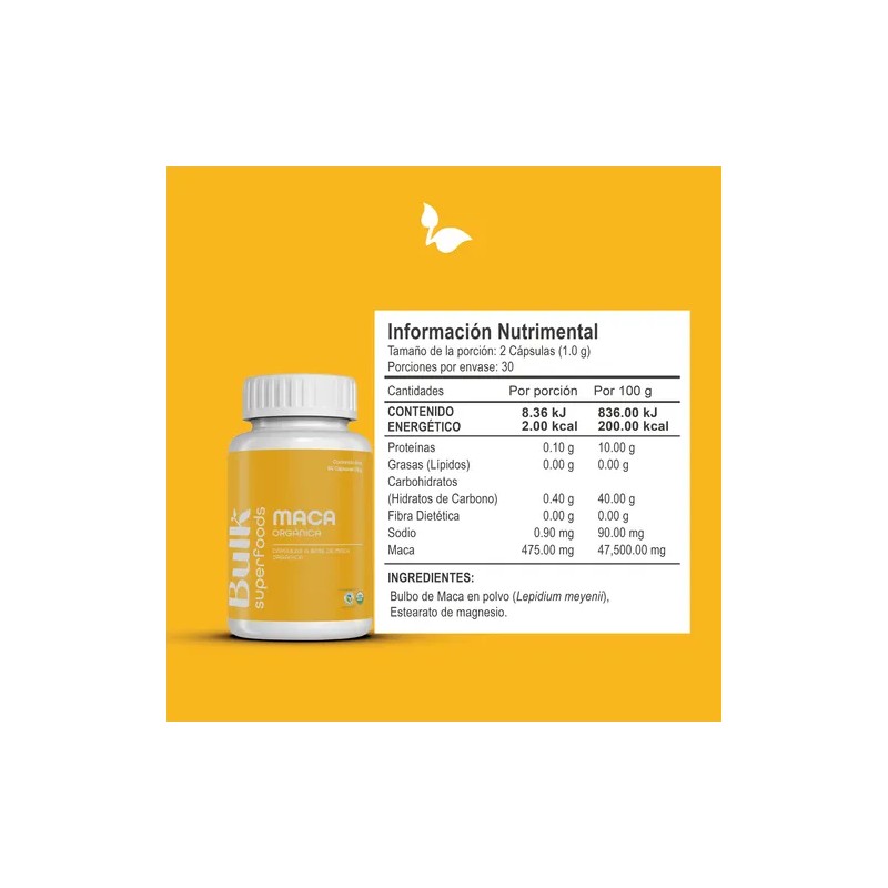 Maca Orgánica 60 Cápsulas De 500 Mg | Bulk Superfoods