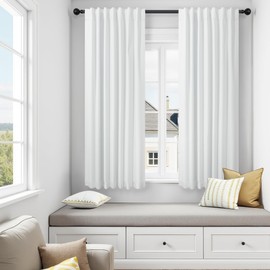 White Black Out Curtains 54 Inch Long 2 Panel Elegant Short Summer Curtains for Living Room Thermal Insulated Cotton Linen Blackout Drapes for 52-56 Inch Bay Window Country Chic Back Tab 52x54 Length