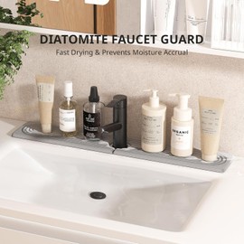 23.9 Inch Diatomite Faucet Mat for Kitchen & Bathroom Sink - Super Absorbent Fast-Drying Stone Tray, Prevents Moisture, Mold & Splash, Heavy-Duty Counter Protector for Faucet Areas (Light Grey)