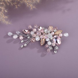 Teyglen Pink Teardrop Crystal Wedding Hair Barrette Bridal Rhinestone Hair Clips Bling Shiny Headpiece Opal Crystal Wedding Hairpins Hair Jewelry Accessories for Women