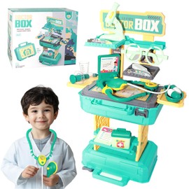 Kids Doctor Playset Medical Box, 2-in-1 Portable Pretend Play Set with Handbag, Teal and Yellow