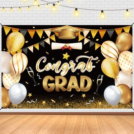Graduation Banner 2024, 180 x 115 cm Extra Large Congratulations Graduation Banner Black and Gold College Graduation Background Decorations Party Graduation Accessories for Photography Props