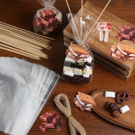 LemonRoad S'more Fun Bags Kit Includes Gusseted Flat Bottom Clear Cellophane Bags S'mores Cotton Candy Chocolate Cookies Tags Bamboo Stick and Twine for Station Baked Goods
