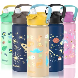 BSMKD Botella de Agua para Niños, Botella de Acero Inoxidable para Niños y Niñas, 18oz Termo de Agua Aislada Reutilizable con 2 Pajitas, 100% A Prueba de Fugas, para Escuela (Amarillo)