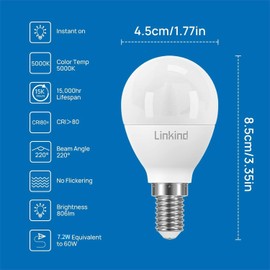 Linkind E14 LED Golf P45 Bulb 7.2 W, 60 Watt Replaced, 5000 K Daylight White Teardrop Shape G45 Classic P 806lm LED, Not Dimmable, AC 220-240 V, Pack of 6