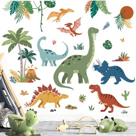 decalmile Large Boho Dinosaurs Wall Decals Dino Animal Tropical Palm Tree Wall Stickers Boys Bedroom Playroom Baby Nursery Wall Decor(XL)