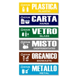 GamesMonkey® - Adesivi Raccolta Differenziata Ricliclo Rifiuti Spazzatura v2 - Impermeabili Lavabili Illustrato - Italiano Inglese - Conformi alla normativa UNI 11686 (6 Pezzi, 15x4 cm)