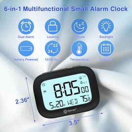 Geevon Small Travel Alarm Clock, Digital Alarm Clocks for Bedrooms Home Office, Battery Operated Desk Clock with 3 Inch Large Display, 2 Alarms, 5s Backlight, Snooze, Indoor Temperature, Black