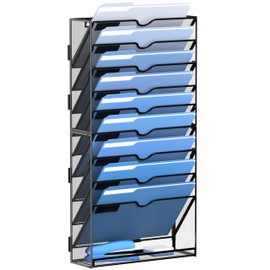 DALTACK Wall File Holder 10 Tier Hanging Wall File Organizer, for Papers Mails Folders Clipboard Magazine Organization for Office Home, Mesh Metal, Assembly Needed, Black
