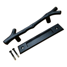 Large Tree Branch Barn Door Handle and Matching Smooth Flush Pull - Black Powder Coat Finish - Set