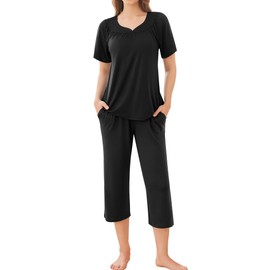 Ekouaer Capri Pajamas Short Sleeve Mumu Pjs Sets 2 Pieces Pleated Top and Capri Pants Sleepwear Loungewear for Women Black Large