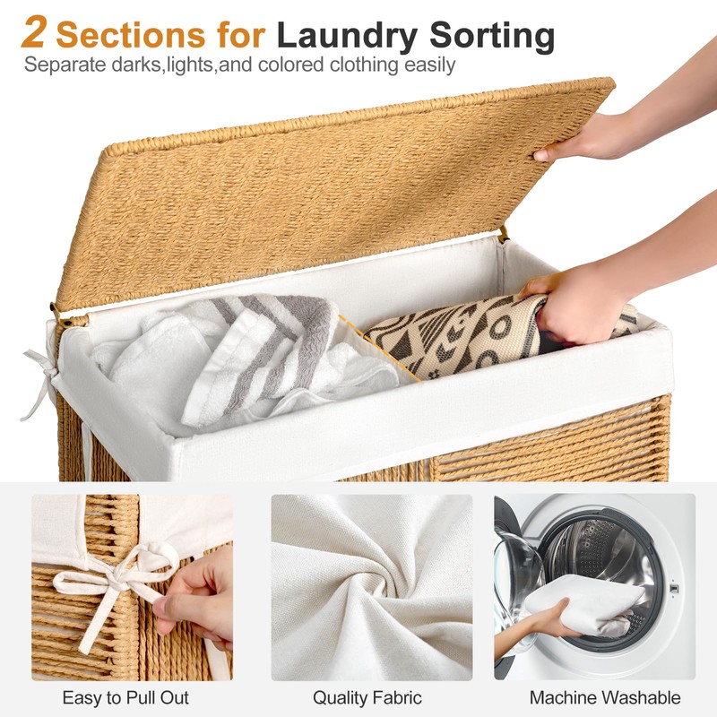 WOWLIVE Double Laundry Hamper with Lid, Handwoven Rolling Laundry Basket