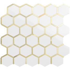 DICOFUN 10-Sheet Hexagon Peel and Stick Backsplash Tile, Polished White Tile Look Mixed Light Gold Kitchen Backsplash Peel and Stick Wall Tiles
