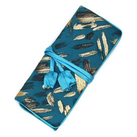 Wei Long Jewelry Roll,Travel Jewelry Roll Bag,Silk Embroidery Brocade Jewelry Organizer Case with Tie Close,(Stripes,Light Blue)