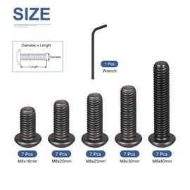 DTGN 35Pcs M8(D) Button Head Socket Cap Screws Kit, 16/20/25/30/40mm(L) Carbon Steel Black Oxide Full Thread Hex Socket Cap Screw Assortment with S5 Wrench - Good for Machine