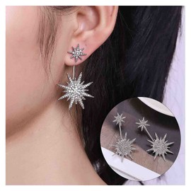Cimenexe Bohemian Starburst Ear Jacket Earrings Silver Sunburst Earrings Crystal Star Earrings Rhinestone Sun Studs Earrings Cz Sun Dangle Earrings Celestial Earrings Jewelry for Women and Girls