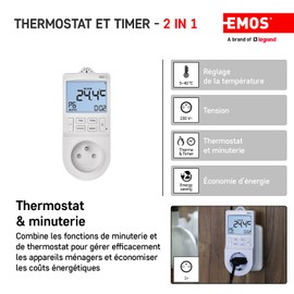 EMOS 2-in-1 Socket Thermostat and Timer, Digital Room Temperature Controller and Timer Socket for Heating and Cooling, Radiators, Infrared Heating, Aqua/Terra, Greenhouse, P5660FR