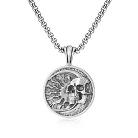 MayiaHey Moon Crescent Skull Pendant, Punk Moon Skull Necklace for Men, Gothic Moon Skull Medal Necklace Crescent Skull Charm Jewelry, Vintage Moon Skull Medal Pendant Necklace for Boys