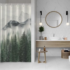 Ruelvth Mountain Shower Curtain, Green Misty Forest Shower Curtain Set Waterproof Nature Scenery Bathroom Decor with Hooks, 48x72 Inch
