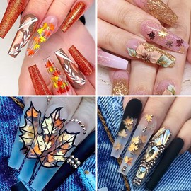 Fall Nail Art Glitters - Maple Leaf Nail Art Supplies Sequins 3D Gold Laser Nails Glitter Flake Holographic Fall Leaves Glitter Nail Sticker for Manicure Autumn Winter Gel Nail Art Decorations 6 Grids