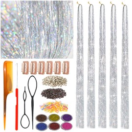 CelineBella Silver Hair Tinsel Kit With Tools Fairy Hair Glitter Hair Extensions Heat Resistant Sparkling Shiny Tensile Hair Extensions for Kids Girls(48 Inch Pack of 5Pcs, Laser Silver)