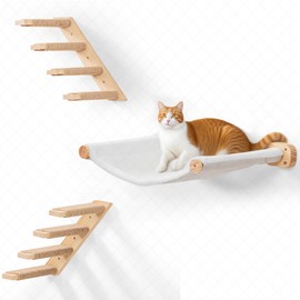 PELUOMOZ Cat Wall Hammock Set of 3, Wall Shelves with 1 Floating Fabric Hammock, 2 Cat Ladders with 4 Steps Each, Wall Mounted Bed Furniture & Climber for Large Cats