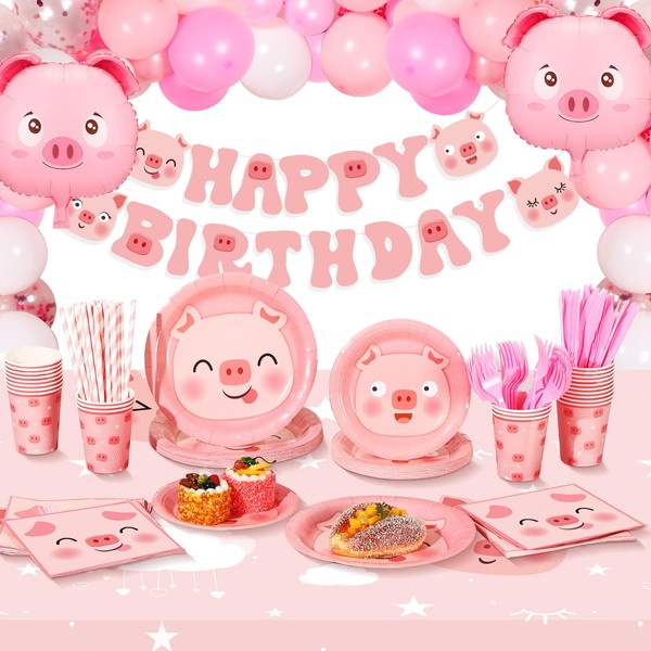 Lenwen Pig Birthday Decorations 275 Pcs Pig Party Supplies Set