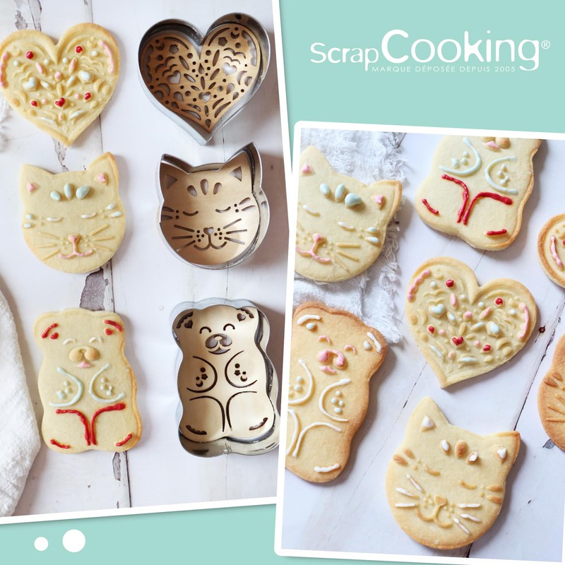 ScrapCooking Set of 3 Cookie Cutters + Wooden Embosser Cat