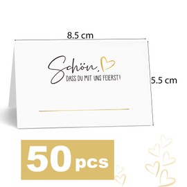 MEJOSER Pack of 50 Place Cards Wedding Birthday Schön dass du mit uns feierst mit Herz 85 x 55 mm Name Cards for Writing Yourself Place Cards Table Decoration for Communion Christening Confirmation