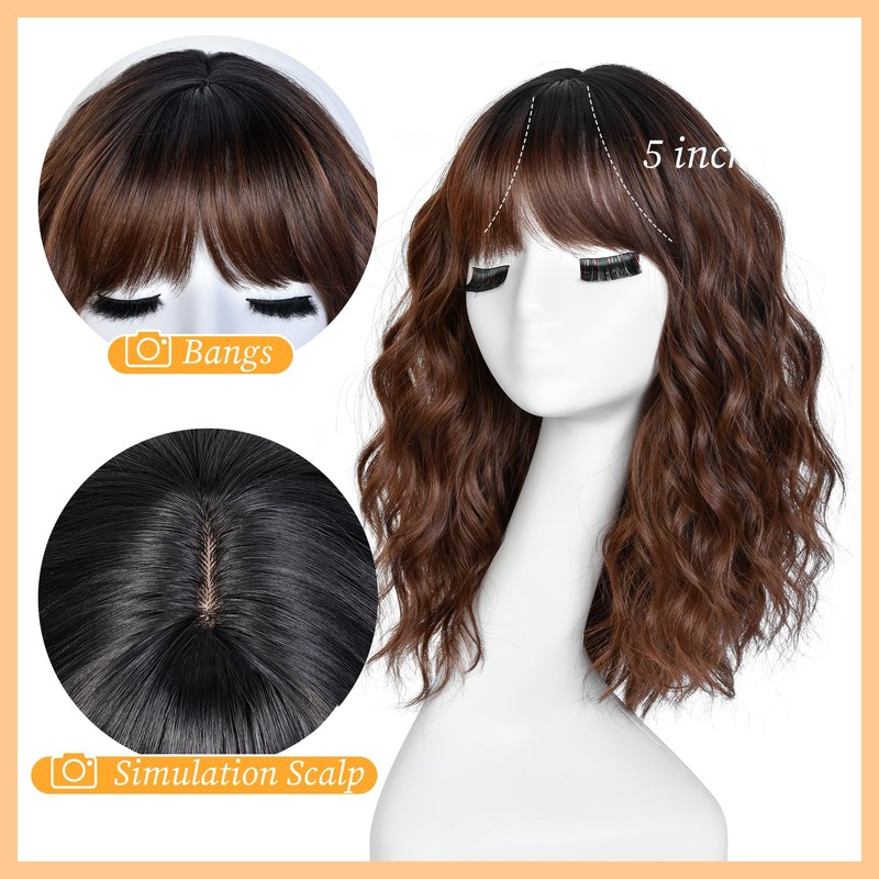 RUNM Short Bob Wavy Wigs for Women Brown Wig with