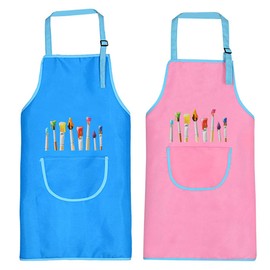 Children's Painting Apron, 2 Piece Children's Apron Set with Pockets, Cooking Apron Children Boys Girls, Adjustable Toddler Cooking Apron for Crafts, Painting, Baking, Cooking, Pink and Blue (8-12