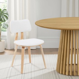 Armen Living Jaguar Mid-Century Upholstered Dining Chair in White Boucle and Patterned Oak Finish