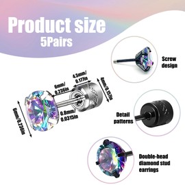 TZMFHD 5 Pair Titanium Earrings, Double-Sided Zirconia Studs for Women and Men, Earrings Studs, Rainbow 5A Cubic Zirconia, Flat Back Surgical Steel Earring for Daily Wear and Special Occasions