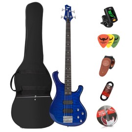 Bullstar Electric Bass Guitar 4 Strings Full-Size Standard Electric Bass Beginner Kit with Gig Bag Guitar Strap and Guitar Cable Picks Included, DB100 (Blue)