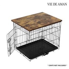 VIE DE AMAN Dog Crate Topper Wood for 48 42 36 24 inch Cages, Dog Crate Table Topper with Tassel Curtain, Rustic Style Dog Kennel Topper, Rustic Brown(Dog Crate Not Include)