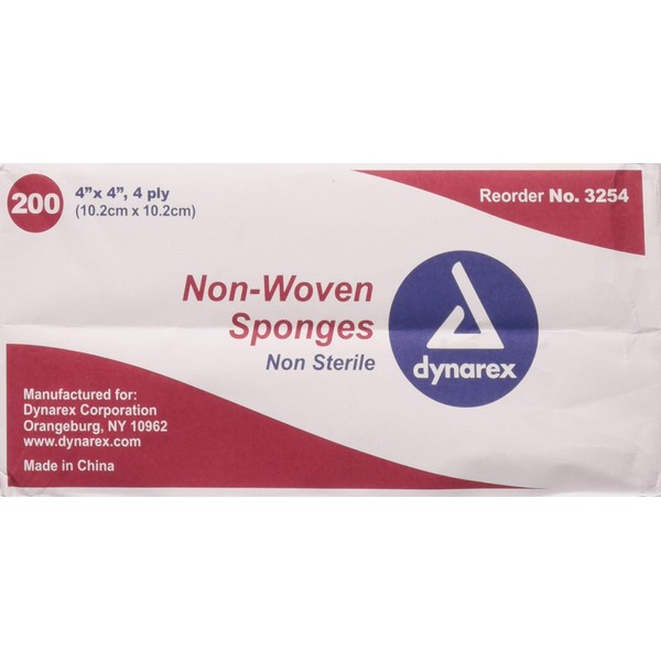 Dynarex Non-Woven Sponges, Non-Sterile, Gauze, for Cleansing, Prepping and Dressing, Highly-Absorbent, Less Linting, 2-Pack, 4"x 4", 4 Ply, 400 Sponges