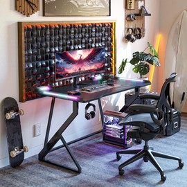 TIQLAB Gaming Desk with LED Lights, 40 Inch Computer Desk Z Shaped Gamer Workstation, Gaming Table with Carbon Fiber Surface, PC Gamer Desk, Black