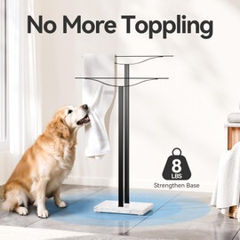 Bathroom Towel Rack Freestanding Floor Stand: Brushed 36in 2‑Bar Weighted Marble Base Towel Holder, Rustproof 304 Stainless Steel Drying Rack for Bath&Hand Towels, No‑Drill Slim Organizer, Spa Pool