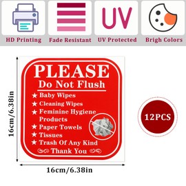 12Pcs Please Do Not Flush Sign 6"x 6"Self-Adhesive Do Not Flush Anything Except Toilet Paper Sign Decal Self-Adhesive Bathroom Etiquette Sign Restroom Rule Sign Sticker Warning Decal for Home Business