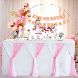 HBBMAGIC DIY Tulle Table Skirt, White + Pink, 183 cm x 76 cm, Party Decoration, Tulle Table Skirts for Wedding, Birthday, Christening, Baby Shower, Banquet