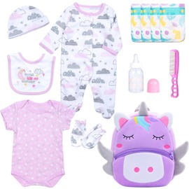 12 Pcs Reborn Baby Doll Clothe for 20-23 Inch Reborn Dolls Clothes Accessories Purple Big Backpack+Diapers +Bottle