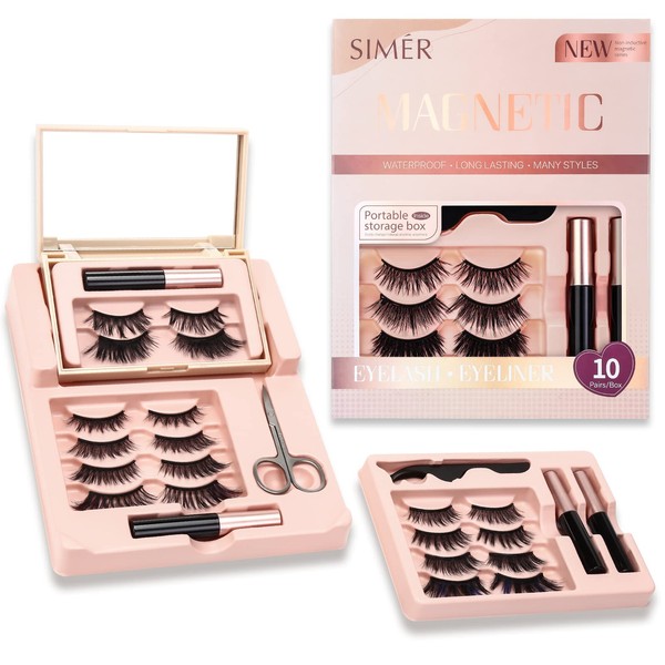SIMER 10 Pairs Colored Magnetic Eyelashes with Eyeliner ＆ Portable